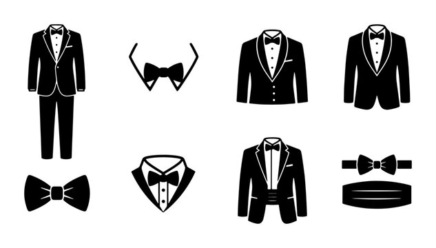 Collection of black tuxedo icons and bow ties for formal wear and events Vector