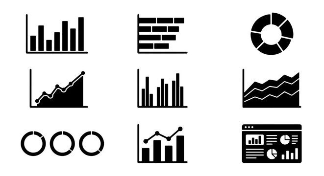 70 Data Visualization Icons Set: Bar Charts, Line Graphs, Pie Charts, and Dashboard Analytics for Business Reports and Presentations 100