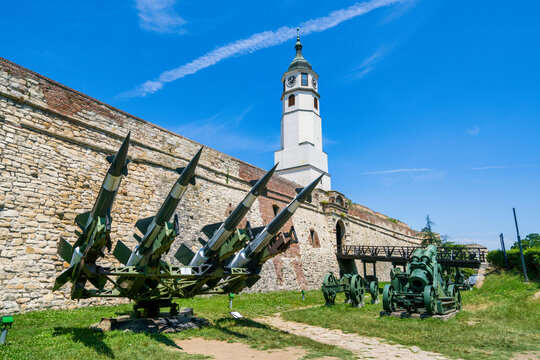 Historic Sahat Kula clock tower and missile defense system at Belgrade Fortress in Serbia