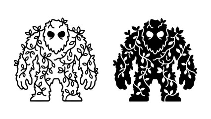 Mascot Character of Forest Spirit: A stylized illustration depicts a whimsical forest spirit or creature, covered in vines and leaves, with a friendly yet mysterious aura.