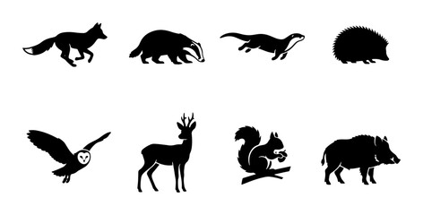 Naklejka premium 70 Forest Wildlife Silhouette Collection: Fox, Badger, Otter, Hedgehog, Owl, Deer, Squirrel, Boar Vector Icons for Nature Designs 100
