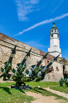 Historic Sahat Kula clock tower and missile defense system at Belgrade Fortress in Serbia