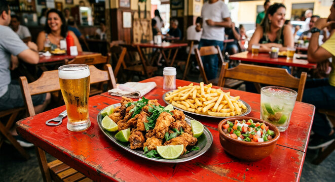 Frango &agrave; passarinho servido com batata frita, salada de vinagrete, cerveja gelada e caipirinha em mesa de boteco tradicional brasileiro com pessoas ao fundo