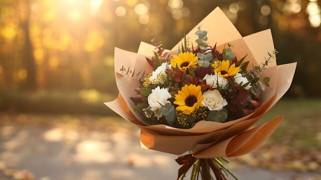 Beautiful bouquet of sunflowers and white flowers wrapped in brown paper outdoors in autumn
