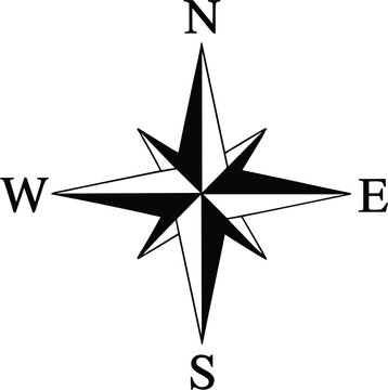 Black and white compass rose with cardinal directions NSEW north south