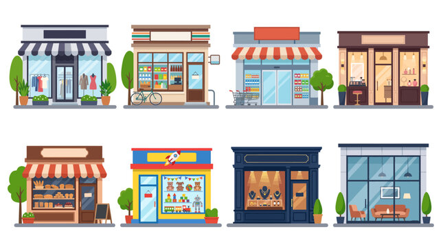 Collection of various cartoon-style shop facades and storefronts, depicting different types of small businesses and retail establishments.