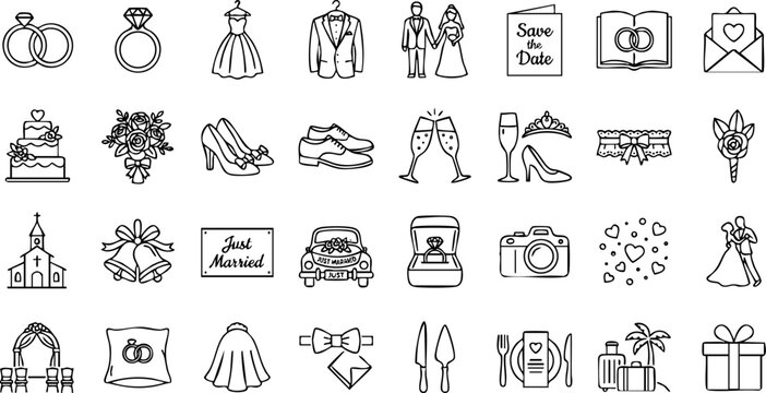 Wedding and marriage celebration hand drawn icon collection with marriage ceremony celebration invitation