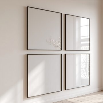Four empty square black frames on a light beige wall with soft sunlight and shadows