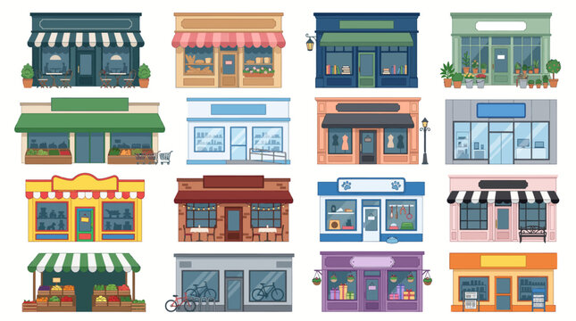 A collection of diverse and colorful small business storefronts and shop facades, featuring various architectural styles and awnings, depicted in a flat vector art style.