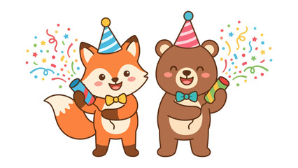 Joyful Celebration: A cheerful fox and a happy bear don their party hats and colorful bowties, celebrating with confetti poppers and streamers in a vibrant burst of festivity. © Saifa