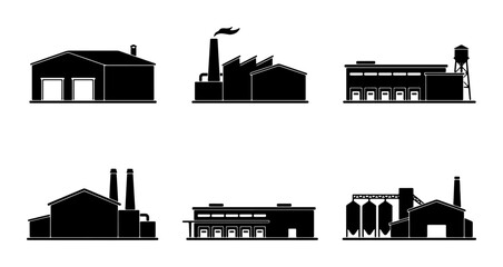 Collection of black factory and industry building icons with smokestacks and silos Vector © MSTRANI