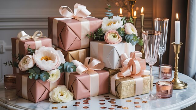 Beautifully wrapped gifts with flowers and ribbons on a marble table with candles