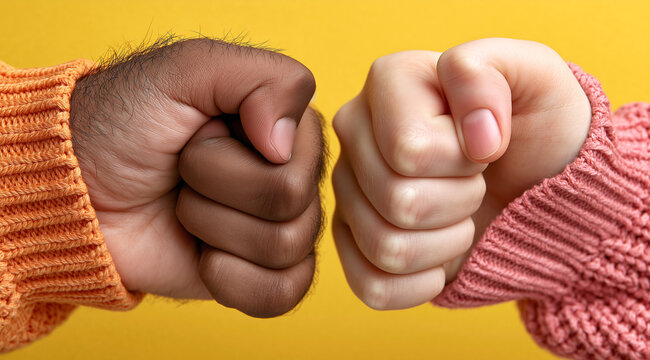 A close-up of a diverse fist bump gesture between two people