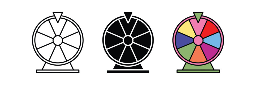 Lucky Wheel Prize Draw Icon. Interactive Gaming Spinner, Random Selection, Fortune Wheel, Lottery, and Reward Symbols Vector