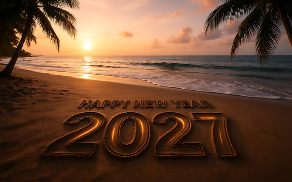 Sandy beach scene with golden sunset and large three dimensional numbers spelling two thousand twenty one sand ocean