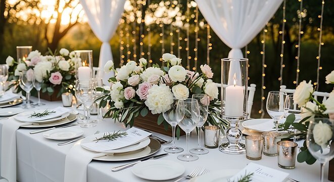 Elegant outdoor wedding dinner table setting with flowers and candles at sunset reception
