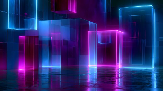 Futuristic abstract background featuring glowing neon blue and magenta geometric shapes, floating transparent glass panels, cyber-inspired lighting.