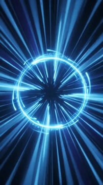 Abstract blue light ray ring formation looping back in a dark space