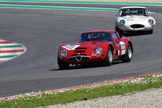 Scarperia, Italy - April 5th 2024: Alfa Romeo Giulia TZ2 1965 drive by unknown in action during Mugello Classic 2024 at Mugello Circuit in Italy.