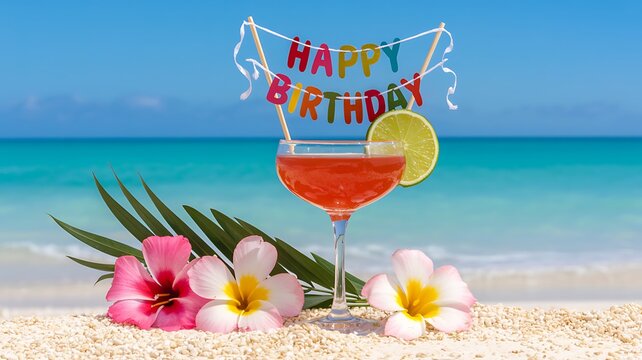 Happy birthday celebration on a tropical beach with cocktail and flowers