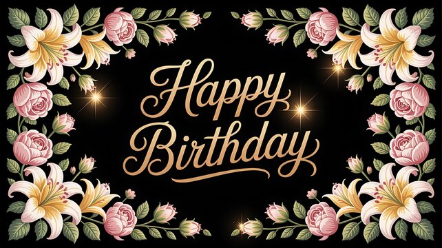 Happy birthday card with flowers and sparkles on black background