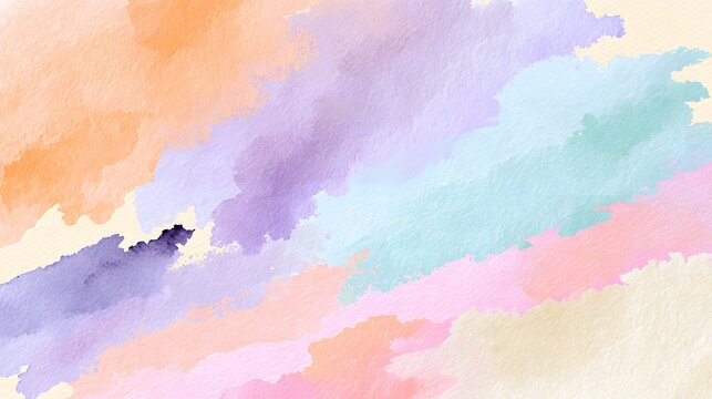 Elegant watercolor background in delicate pastel shades including peach, lavender, pale aqua, soft pink, and cream, hand-painted texture, subtle paper grain, gentle color blending.
