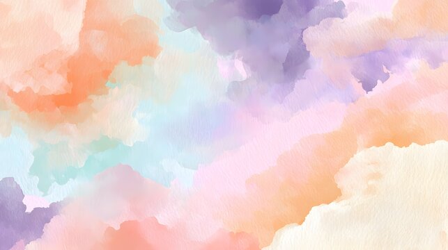 Elegant watercolor background in delicate pastel shades including peach, lavender, pale aqua, soft pink, and cream, hand-painted texture, subtle paper grain, gentle color blending.