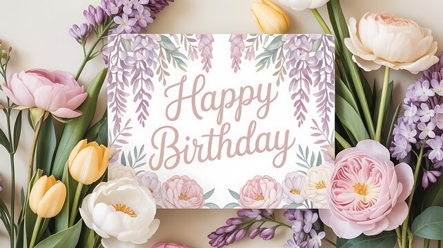 Happy birthday greeting card surrounded by colorful flowers and leaves on beige background