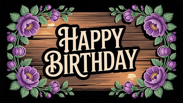 Happy birthday message with purple flowers on wooden background
