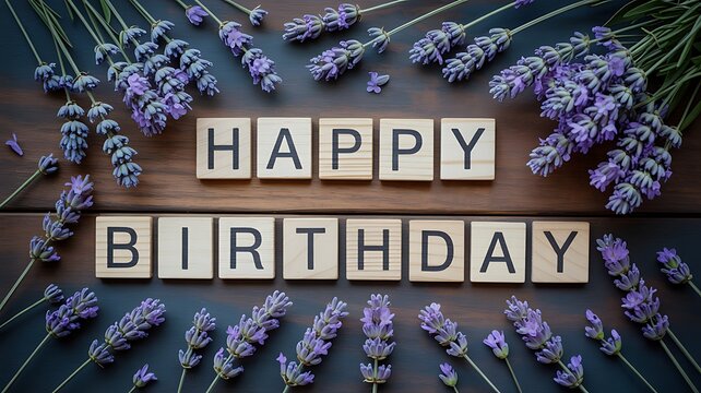 Happy birthday greeting with wooden blocks and purple lavender flowers on wooden table