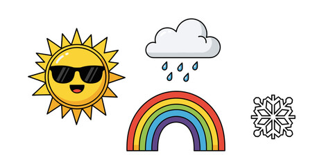 Obraz premium Set of weather icons with sun cloud rainbow and snowflake