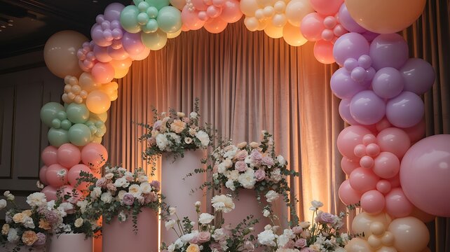 Pastel colored balloons and white flowers on pink pedestals indoor event decoration