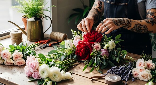 Person working on a bouquet of flowers with various tools on a wooden table