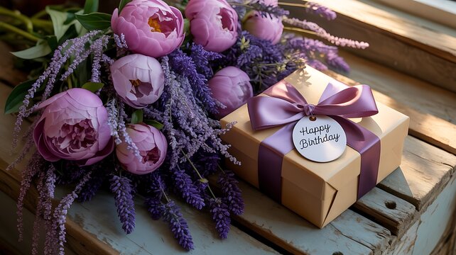 Pink peonies and lavender flowers with a birthday gift box on wooden table