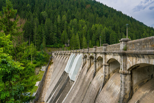 Construction of Santa Caterina dam for hydropower in Italian Alps near Auronzo providing electricity for the local area