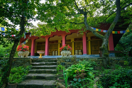 Buddhist temple with prayer flags surrounded by trees in Hungary