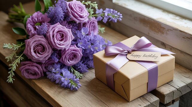 Purple roses bouquet and gift box on wooden windowsill with birthday ribbon