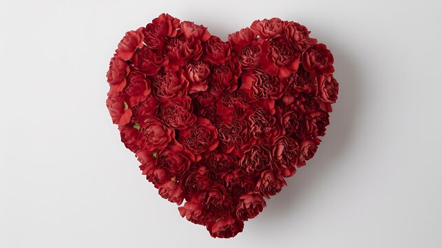 Red roses arranged in a heart shape on white background