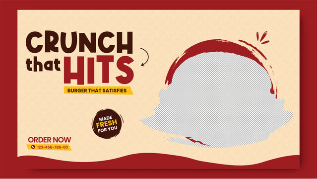 Burger restaurant social media banner template with modern red promotional layout for crispy fast food delivery, takeaway menu advertising, cafe marketing and online food promotion