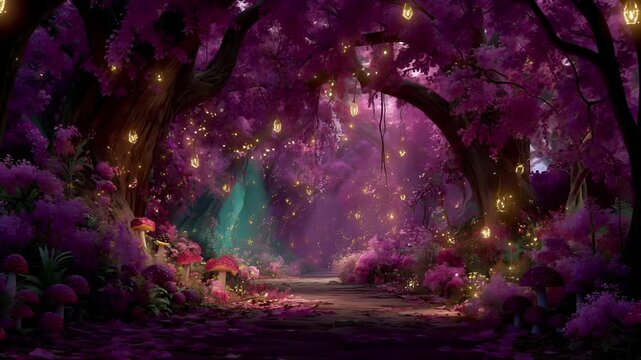 Fantasy, mysterious, wallpaper. A vivid, fantastical depiction of a magical forest. The main subject is a dense canopy of purple blossoms, illuminated by hanging lanterns that cast a warm glow.