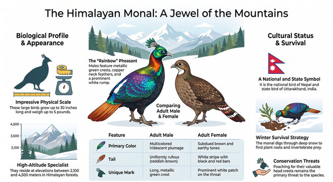 Educational infographic exploring the Himalayan monal, its taxonomy, iridescent plumage, habitat, behavior, distribution and conservation.