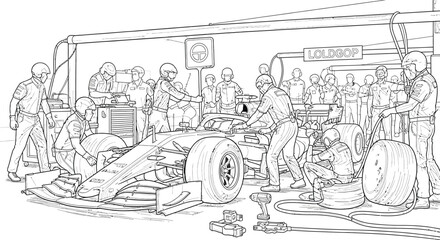 Fototapeta premium Formula 1 Pit Stop Action - Racing Team Crew Changing Tires