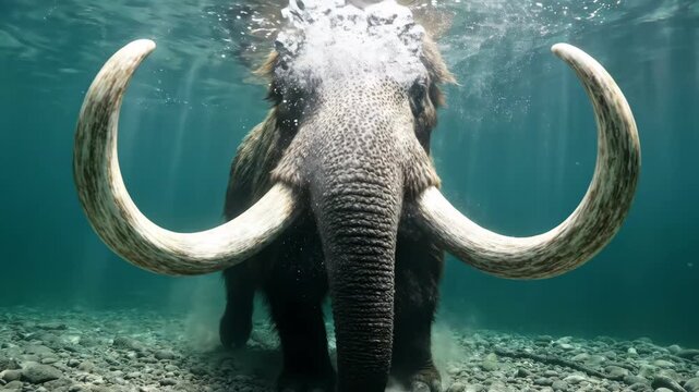 Majestic Woolly Mammoth swimming underwater with large tusks and bubbles, perfect for educational nature documentaries.