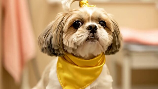 Cheerful Shih Tzu Dog Wearing Yellow Bandana Playfully Barking at Pet Grooming Salon Indoor Setting
