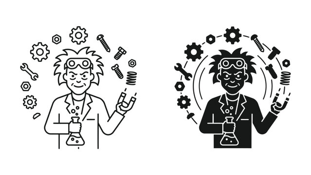 Mad Scientist Juggling Gears and Bolts: A mad scientist character, sporting goggles and a lab coat, juggles an assortment of gears, bolts, and springs around his head.