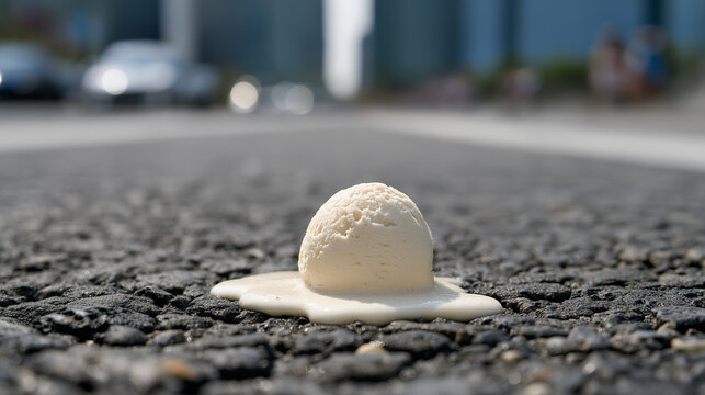 Half Melted Vanilla Ice Cream Scoop on Hot Asphalt in a Big City During Extreme Summer Heat