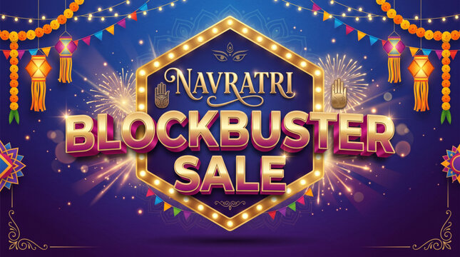 Navratri Blockbuster Sale Promotional Banner with Festive Decorations for Retail Shopping Campaign