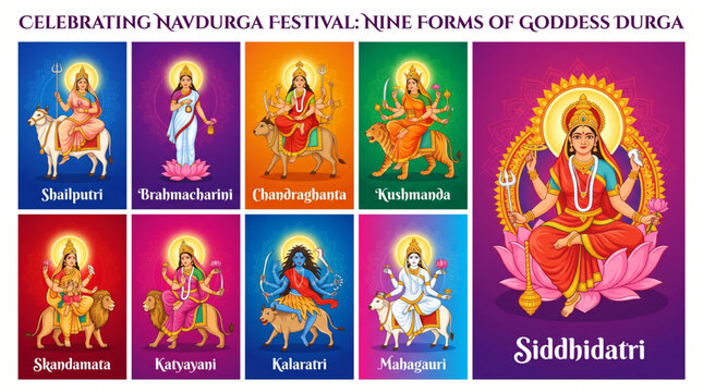 Navadurga Festival Poster Featuring the Nine Forms of Goddess Durga for Navratri Celebration and Education