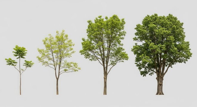 Sequence of deciduous tree growth stages from a young sapling to a fully mature tree with lush foliage isolated on a neutral background, deciduous, stages, nature