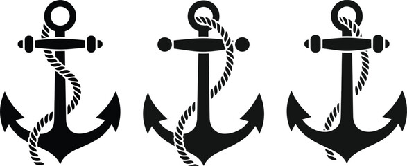 Three black silhouette nautical anchors with thick rope details marine maritime © Mstnajma